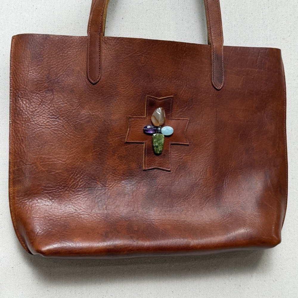 Two Bar West Leather Tote Bag Brown Southwestern Cross Stone Boho Western Purse - Picture 10 of 16
